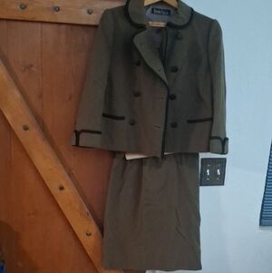 Vintage Bonwit Teller Traina Norell Olive Skirt Set with Black Accents